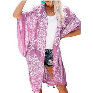 New Beautiful Rose Pink Kimono Swimsuit Beach Summer Cover Swimwear Cardigan